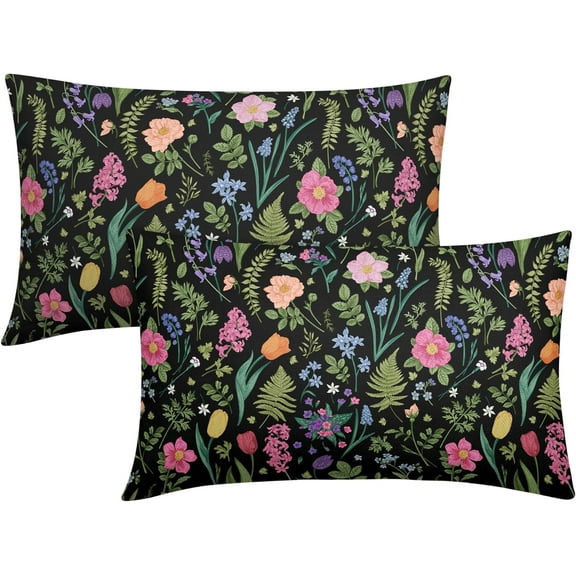 Botanical Print Vintage Floral Pillow Covers 12x20 Set of 2 Black Pink Blue Sage Green Flower Spring Plant Decorative Lumbar Throw Pillow Cases Outdoor Farmhouse Decor for Sofa Couch Bed