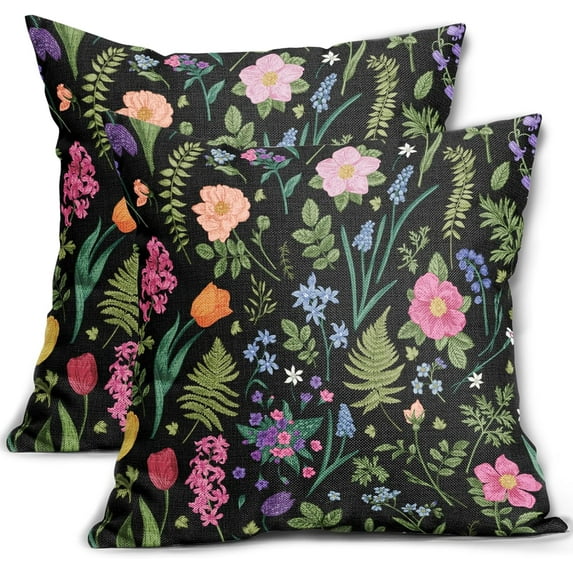 Botanical Print Vintage Floral Pillow Covers 18x18 Set of 2 Black Pink Blue Sage Green Flower Spring Plant Decorative Throw Pillow Cases Outdoor Farmhouse Decor for Sofa Couch Bed