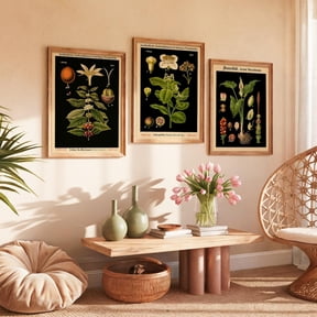 Botanical Prints Black Background 19Th Century Style Home Decor Office Wall Art Living Room Decor, Paper Poster Only Set 3
