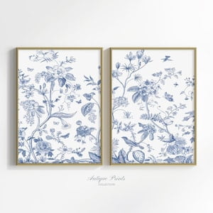 Botanical Prints, Vintage Chinoiserie Wall Art, Blue and White Branch Drawing, Set of 2 Minimalist Floral Sketch, Farmhouse Decor, Poster Only