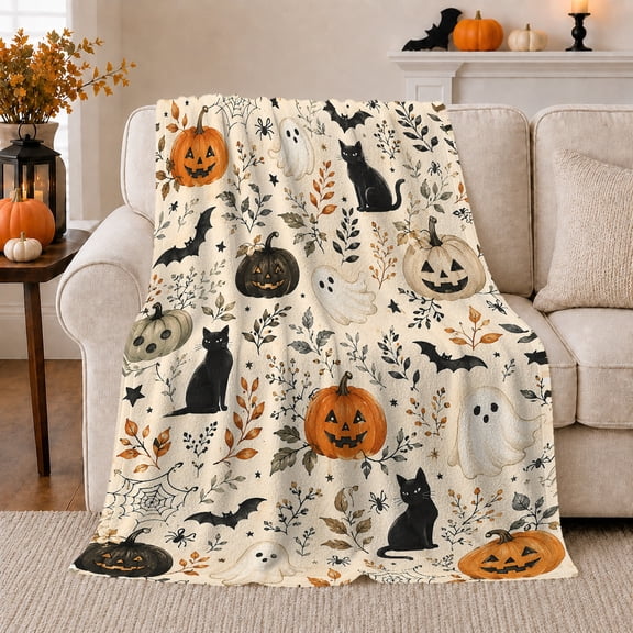Botanical Pumpkin Ghost and Black Cat Flannel Blanket, Soft Spooky Autumn Home Decor for Living Room and Bedroom, Halloween Gift with Bats Webs Leaves and Stars