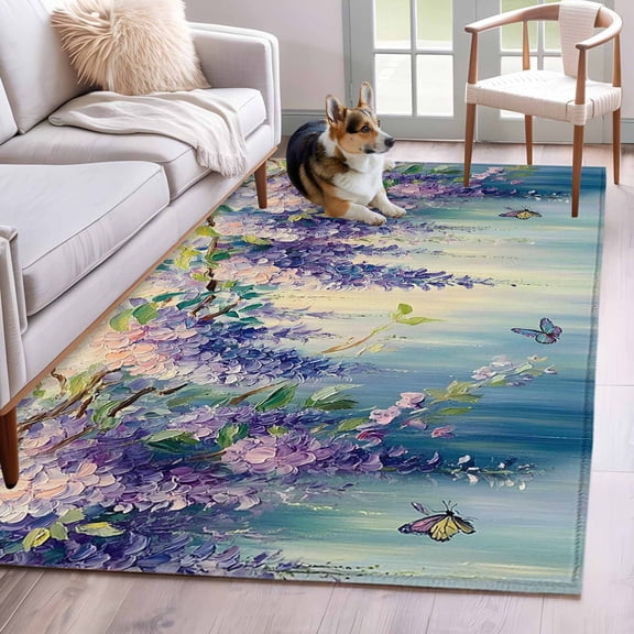 Botanical Purple Area Rug 4x6 Washable Rug Non Slip Oil Painting Eucalyptus Blue Ombr Large Area Rug Indoor Floor Carpet for Entryway Bedroom Kitchen Living Room Home Office Dining Room Nursery