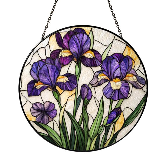 Botanical Purple Iris Stained Glass Suncatcher, Round Window Hanging Decor