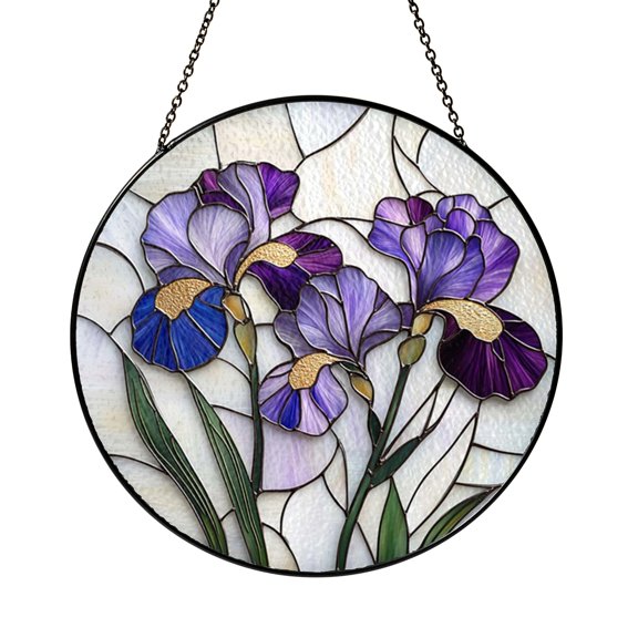 Botanical Purple Iris Stained Glass Window Hanging, Graceful Nature Inspired Home Decor