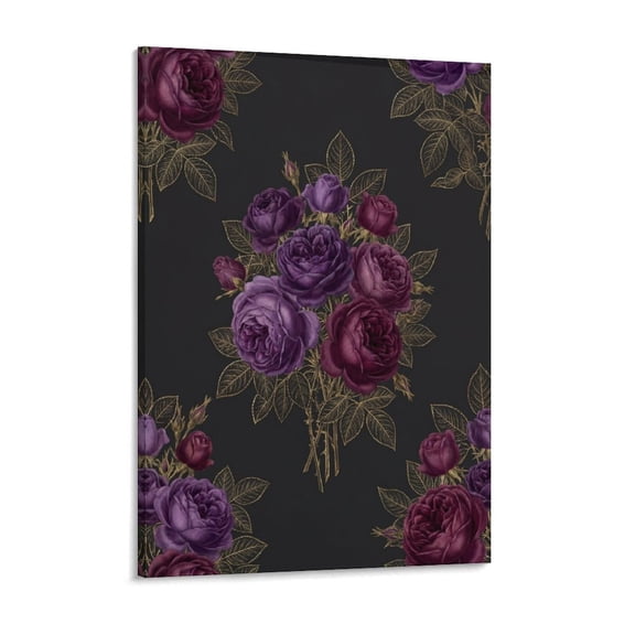Botanical Purple Rose Bouquet with Gold Outline Foliage Long-Lasting Canvas Wall Painting, Fade-Resistant Print for Living Room, Kitchen & Bar