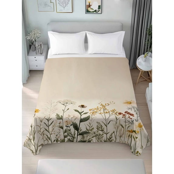 Botanical Queen Size Flat Sheet, Wrinkleproof & Fadeproof Cooling Flat Bed Sheet Only, Retro Plant Wildflower Green Leaf Ferns Breathable Soft Bedding Top Sheets 90 x 102 Inches