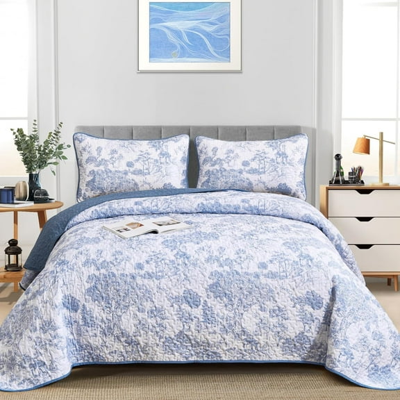 Botanical Quilt Set California King Size, 3 Pieces Blue Toile Floral Plants Printed Bedspread Bedding Set Soft Lightweight Microfiber Coverlet Set for All Season (112"×96")