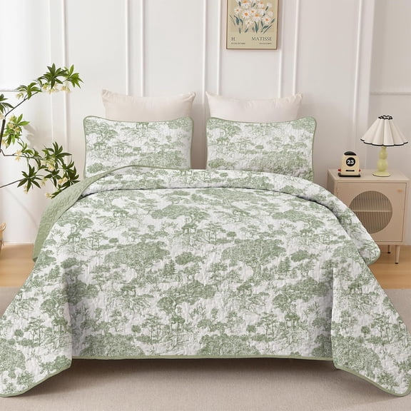 Botanical Quilt Set Queen Size Green 3 Pieces Toile Floral Plants Printed Bedspread Soft Lightweight Microfiber Coverlet for All Season