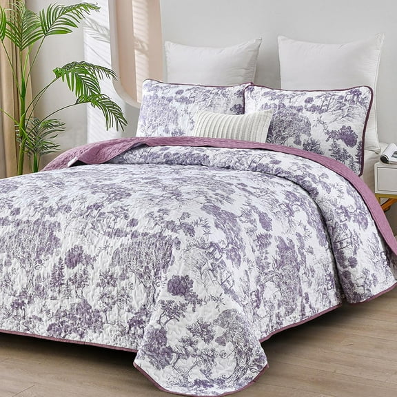 Botanical Quilt Set Queen Size, Purple 3 Pieces Toile Floral Plants Printed Bedspread Bedding Set Soft Lightweight Microfiber Coverlet Set for All Season (96"x90")