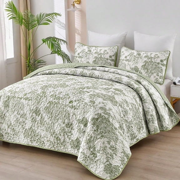 Botanical Quilt Set Queen Size Sage Green 3 Pieces Toile Floral Plants Printed Bedspread Bedding Set Soft Lightweight Microfiber Coverlet Set For All Season 96x90