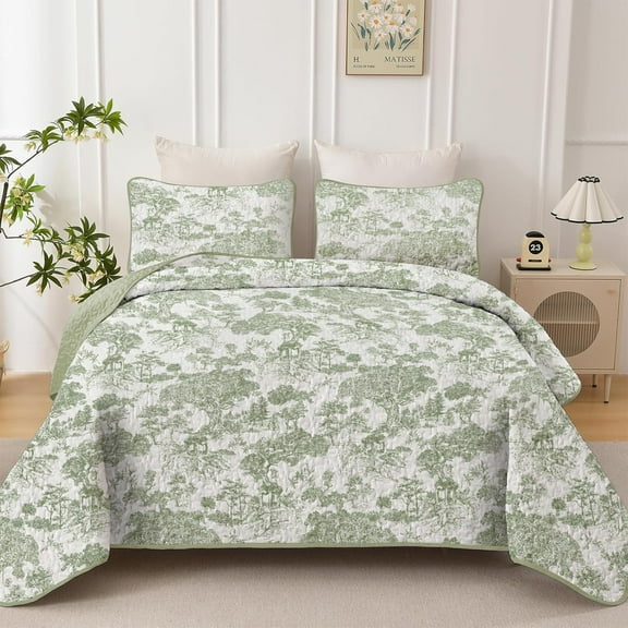 Botanical Quilt Set Queen Size Sage Green 3 Pieces Toile Floral Plants Printed Bedspread Coverlet Bedding Set