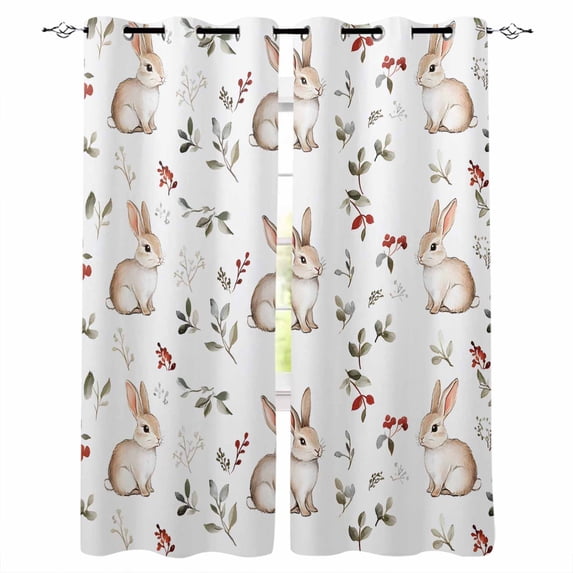 Botanical Rabbit Blackout Curtains for Bedroom Living Room Darkening Curtains 54 Inch Long Watercolor Pastoral Plant Leaves Flower Short Curtain for Small Window Treatment Grommet Drapes 52"x54"x2