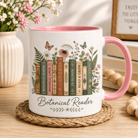Botanical Reader Ceramic Coffee Mugs Personalized Floral Books Gift for Book Lovers 11 oz 15 oz