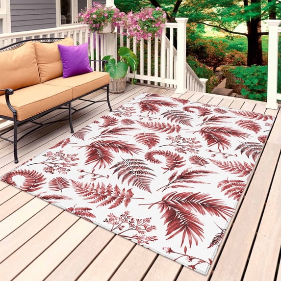 Botanical Red Outdoor Rug for Patio/Deck/Porch, Non-Slip Large Area Rug 3 x 5 Ft, Vintage Ferns Herbs Country Plant Leaf Indoor Outdoor Rugs Washable Area Rugs, Reversible Camping Rug Carpet Runner