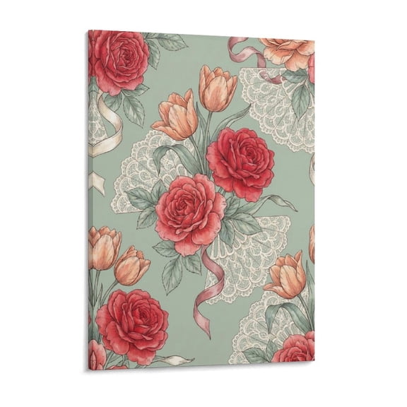 Botanical Red Roses And Peach Tulips with Lace Fans Modern Canvas Wall Decor, High-Definition Digital Print Artwork for Home & Office