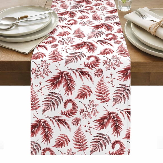 Botanical Red Table Runner - 90 Inch Long, Kitchen Dining Table Runner Dresser Scarves, Vintage Ferns Herbs Country Plant Leaf Farmhouse Decor for Coffee Tables Wedding Party Banquet