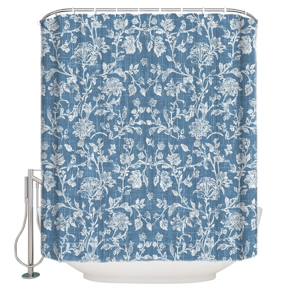 Botanical Rose Bud Bathroom Shower Curtains with 12 Hooks Waterproof Shower Curtain for Stalls and Bathtubs Vintage Slate Blue Floral Leaves Farmhouse Decorative Bathroom Curtain 72x96 Inches