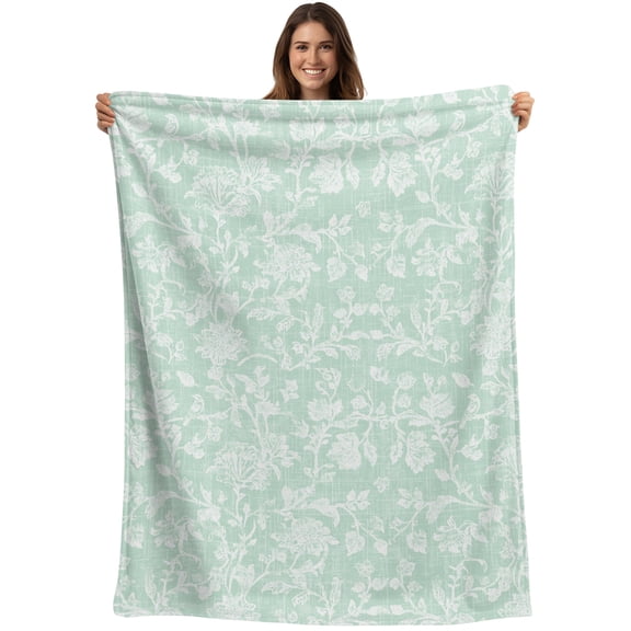 Botanical Rose Bud Blanket Soft Cozy Warm Throw Blanket for Couch, Plush Fuzzy Flannel Blankets for Sofa, Vintage Pale Green Floral Leaves Farmhouse Bed Blankets Lightweight Gifts for Women, 40"x50"