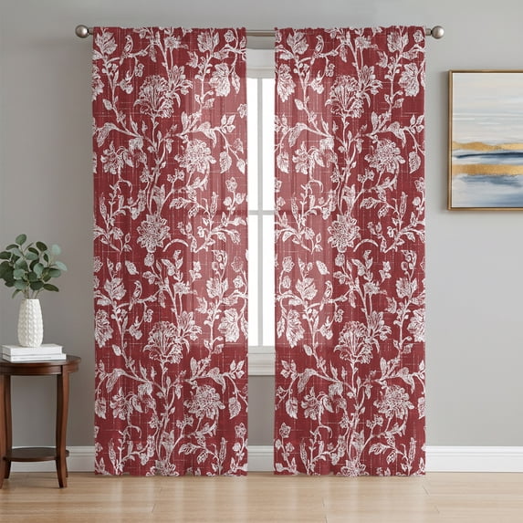 Botanical Rose Bud Sheer Curtains 63 Inches Long, Vintage Burgundy Floral Leaves Farmhouse Light Filtering Window Curtains for Living Room, Rod Pocket Voile Chiffon Drapes, 52"W x 63"L, 2 Panels