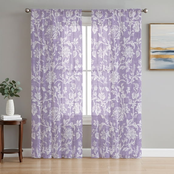 Botanical Rose Bud Sheer Curtains 63 Inches Long, Vintage Lavender Floral Leaves Farmhouse Light Filtering Window Curtains for Living Room, Rod Pocket Voile Chiffon Drapes, 52"W x 63"L, 2 Panels