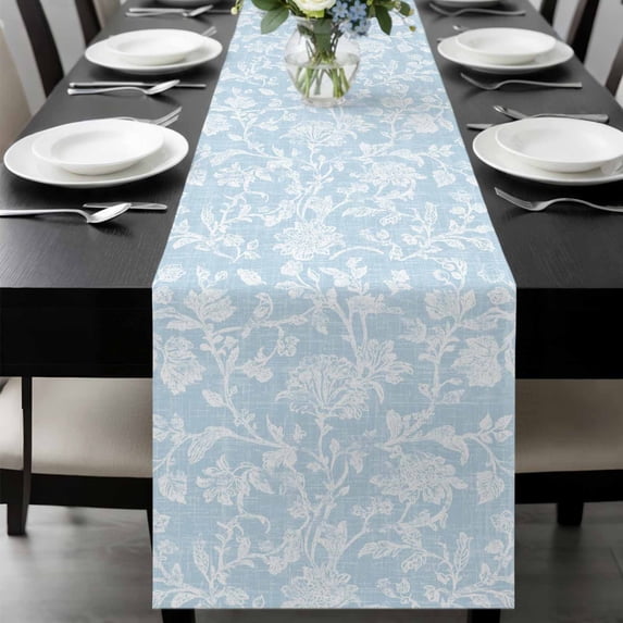 Botanical Rose Bud Table Runner 72 Inches Long,Dining Table Runners Dresser Scarves,Vintage Light Blue Floral Leaves Farmhouse Kitchen Coffee Tablerunner for Tabletop Party Birthday Wedding 16"x72"