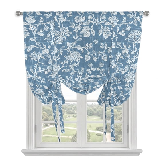 Botanical Rose Bud Tie Up Curtains for Small Windows,Adjustable Rod Pocket Valance 45 Inch Short, Vintage Slate Blue Floral Leaves Farmhouse Window Treatment Balloon Roman Blind Shade, 34" x 45"