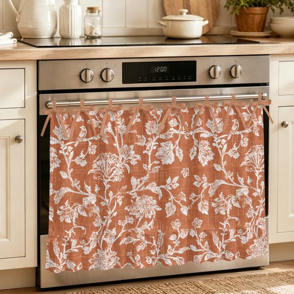 Botanical Rose Oven Curtain with Tie Top,Oven Skirt Curtain for Kitchen,Vintage Burnt Orange Floral Leaf Farmhouse Under OvenCover Panel for Dust & Grease,Apartment RV Cabinet Curtains 27''x20''