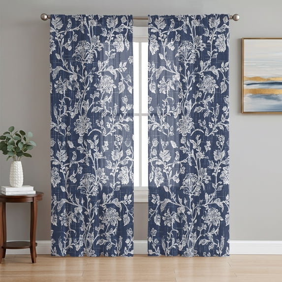 Botanical Rose Sheer Curtains 84 Inches Long, Vintage Navy Blue Floral Leaf Summer Farmhouse Light Filtering Window Curtains for Living Room, Rod Pocket Voile Chiffon Drapes, 52"W x 84"L, 2 Panels