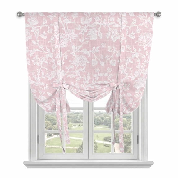 Botanical Rose Tie Up Curtains for Kitchen Windows,Adjustable Rod Pocket Valance 45 Inch Short, Vintage Blush Pink Floral Leaf Summer Farmhouse Window Treatment Balloon Roman Blind Shade, 42" x 45"