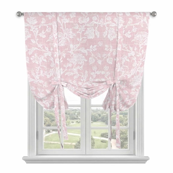 Botanical Rose Tie Up Curtains for Kitchen Windows,Adjustable Rod Pocket Valance 45 Inch Short, Vintage Blush Pink Floral Leaf Summer Farmhouse Window Treatment Balloon Roman Blind Shade, 52" x 45"
