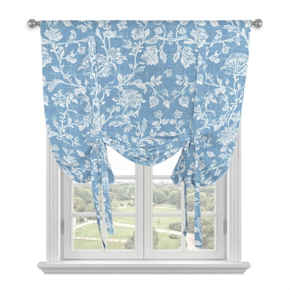Botanical Rose Tie Up Curtains for Kitchen Windows,Adjustable Rod Pocket Valance 45 Inch Short, Vintage Farmhouse Blue Floral Leaves Summer Window Treatment Balloon Roman Blind Shade, 42" x 45"