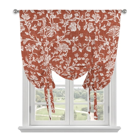 Botanical Rose Tie Up Curtains for Kitchen Windows,Adjustable Rod Pocket Valance 54 Inch Long, Vintage Terracotta Orange Floral Leaf Farmhouse Window Treatment Balloon Roman Blind Shade, 42" x 54"