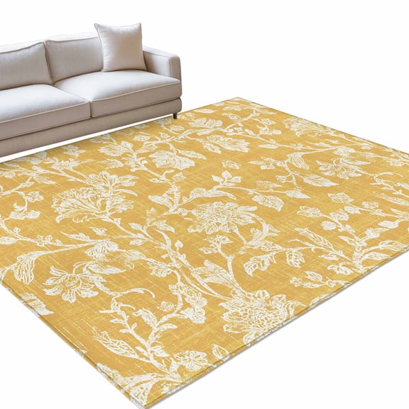 Botanical Rose Washable Rug 5x7 Area Rug for Living Room Bedroom Non Slip Indoor Floor Rectangle Carpet Large Vintage Turmeric Yellow Floral Leaf Farmhouse Entryway Rugs for Dining Room Office Home
