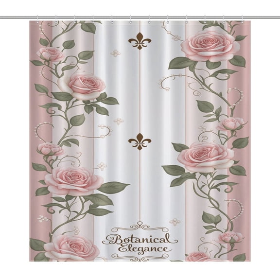 Botanical Roses Pink Stripes Fleur De Lis Elegant Pattern Shower Curtain Modern Home Bathroom Bathtub Decor Waterproof Fabric with Hooks