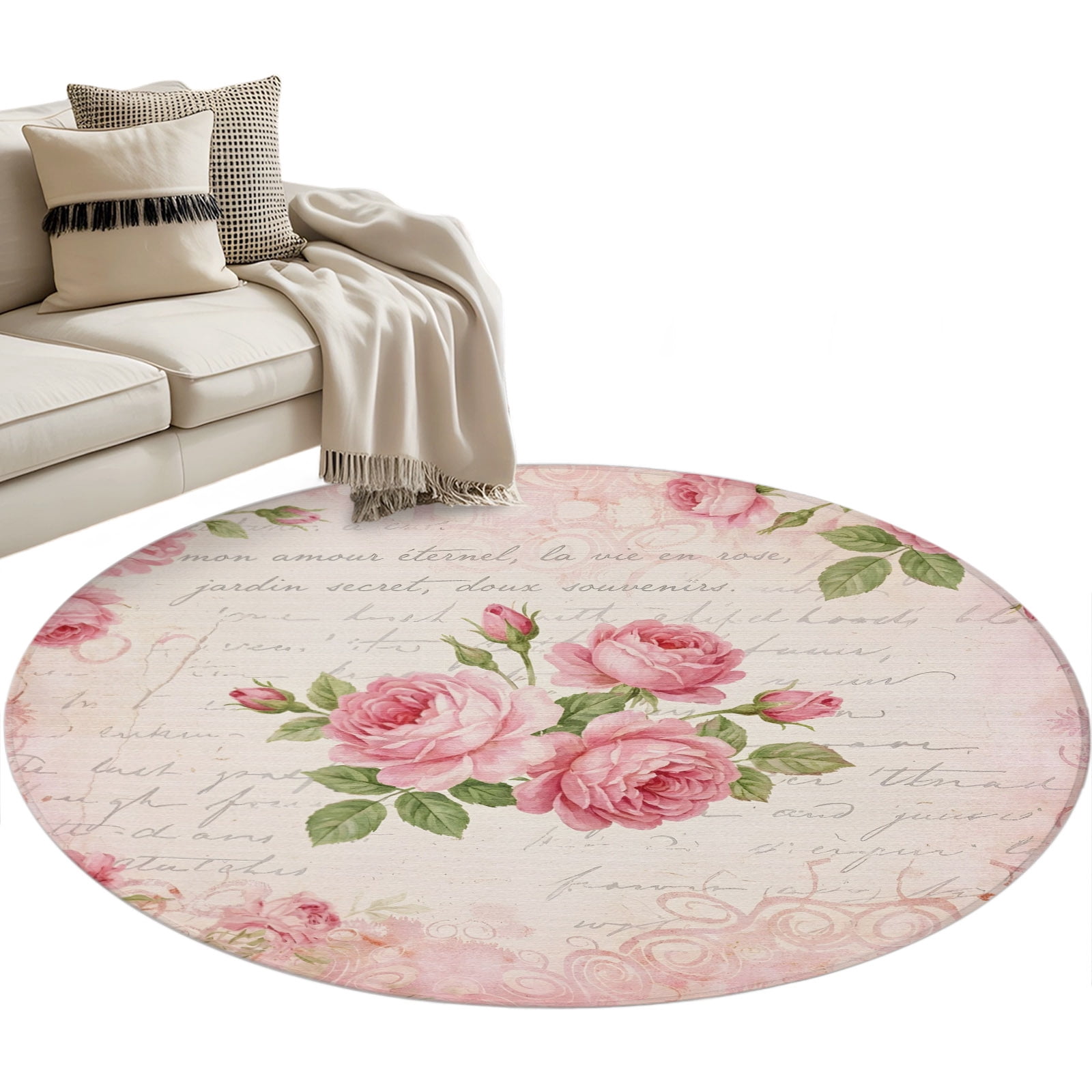 Botanical Roses Round Rug 4ft Washable Circle Entryway Rugs Non
