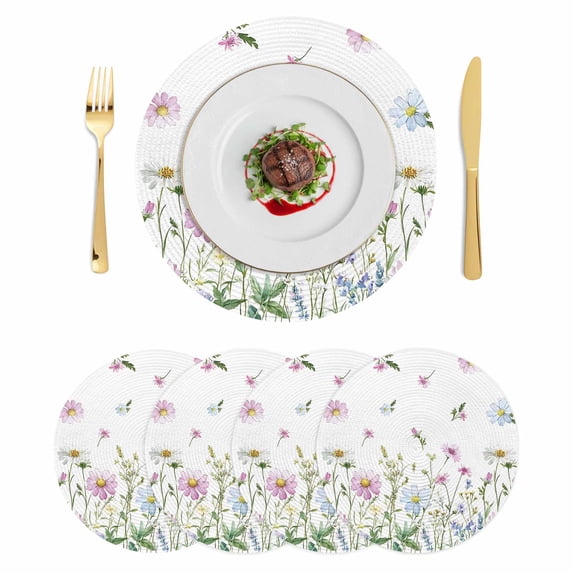 Botanical Round 13 Inch Placemats Set of 4, Blue Pink Daisy Floral Watercolor White HeatResistant Non Slip Place Mats for Dining Table, Wipeable Braided Kitchen Table Mats for Housewarming