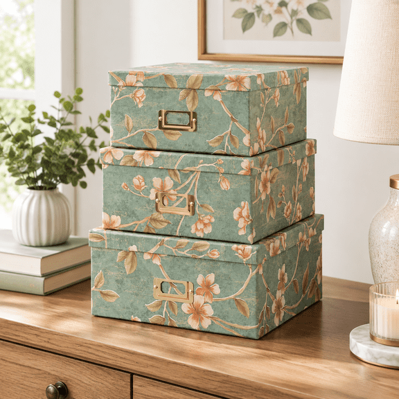 Botanical Sage Decorative Nesting Storage Boxes With Lids, Set of 3