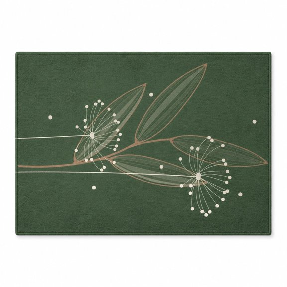 Botanical Seed Stem Printed Bath Mat – Deep Green Floral Design, Non-Slip Backing, 2 Sizes