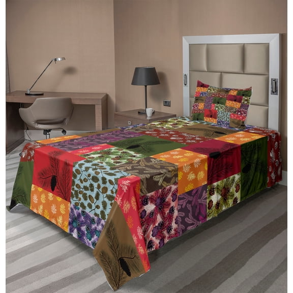 Ambesonne Botanical Fitted & Top Sheet Set with Sham, Colorful Pine Squares Art, Multicolor