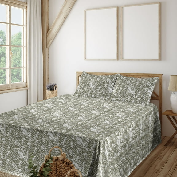Ambesonne Botanical Fitted & Flat Sheet with Sham 3 Pcs Set, Grunge Print Leafy Forest, Twin XL, White and Army Green