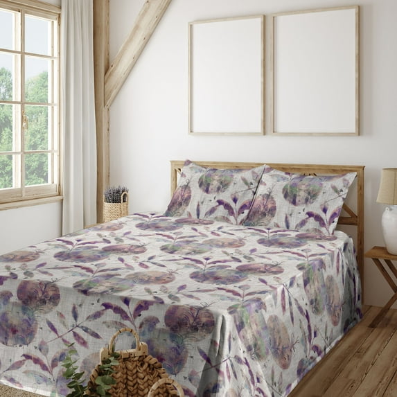 Ambesonne Botanical Fitted & Flat Sheet with Shams 4 Pcs Set, Grunge Leaves Circle Art, King, Blue Violet and Pale Eggplant