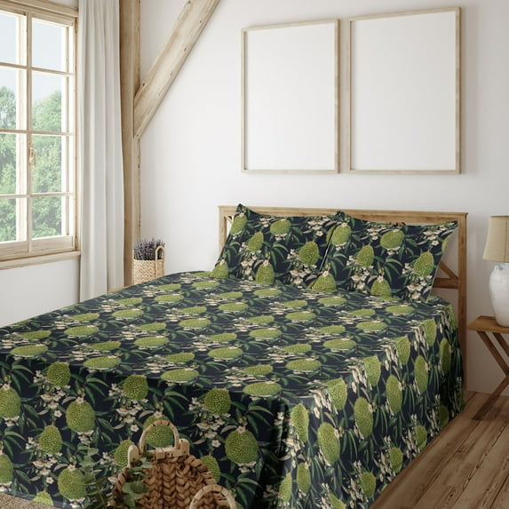 Ambesonne Botanical Fitted & Flat Sheet with Shams 4 Pcs Set, Vintage Fruit Branches, Full, Green Dark Blue and Peach