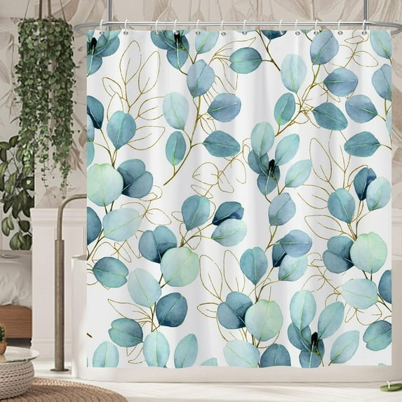 Botanical Shower Curtain, Blue Leaves Plants Floral Tree Bathroom Curtain, Spring Natural Watercolor Plants Shower Curtain Set with 12 Hooks for Bathroom, 72Wx84L