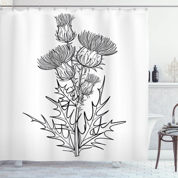 Botanical Shower Curtain, Digital Graphics of Thistle or Carduus Plants on a Plain Backdrop, Fabric Bathroom Set with Hooks, 69W X 75L Inches Long, Charcoal Grey and White, by Ambesonne