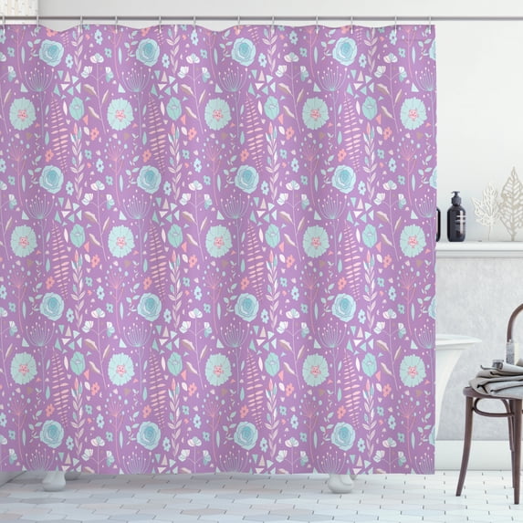 Botanical Shower Curtain, Doodle Flowers Foliage Retro Idyllic Dandelion Meadow Pattern, Fabric Bathroom Set with Hooks, 69W X 84L Inches Extra Long, Pale Blue Peach Blue Violet, by Ambesonne