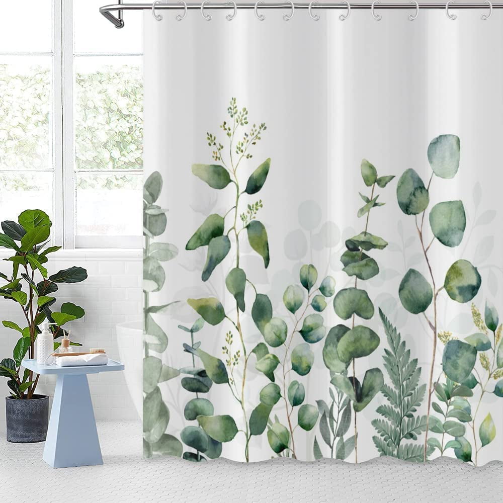 Botanical Shower Curtain, Green Eucalyptus Leaf Plants Bathroom ...