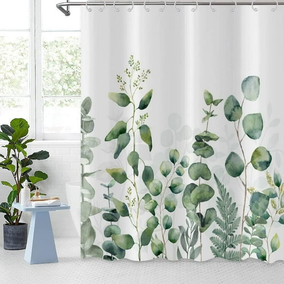 Botanical Shower Curtain, Green Eucalyptus Leaf Plants Bathroom Curtains Rustic Shower Curtains for Bathtub Decor Machine Washable Waterproof Fabric with 12 Hooks