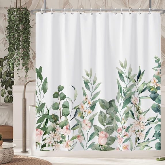 Botanical Shower Curtain, Green Leaves Plants Floral Bathroom Curtain, Spring Natural Pink Flowers Grove Bush Shower Curtain Set with 12 Hooks for Bathroom, 72Wx72L