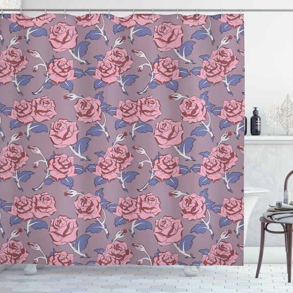 Botanical Shower Curtain, Natural Theme Floral Motifs with Blossoms and Buds Patterns, Fabric Bathroom Set with Hooks, 69W X 84L Inches Extra Long, Pale Pink and Dark Ceil Blue, by Ambesonne