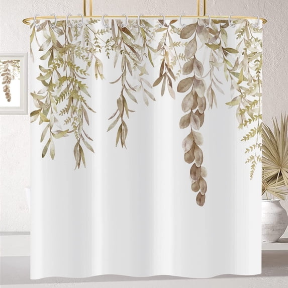 Botanical Shower Curtains (72" x 72"), Watercolor Autumn Eucalyptus Leaf Plant Tan Bathroom Curtain for Bathtub Home Decoration Waterproof Fabric Machine Washable with 12 Hooks